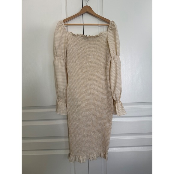 Sndys Dresses & Skirts - SNDYS US 10 Beige Gingham Smocked Midi Dress Cottagecore Puff Sleeve